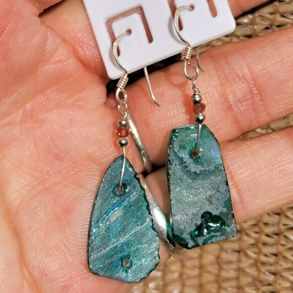 New handmade sterling silver 925 blue green sea glass dangle earrings - Picture 8 of 16